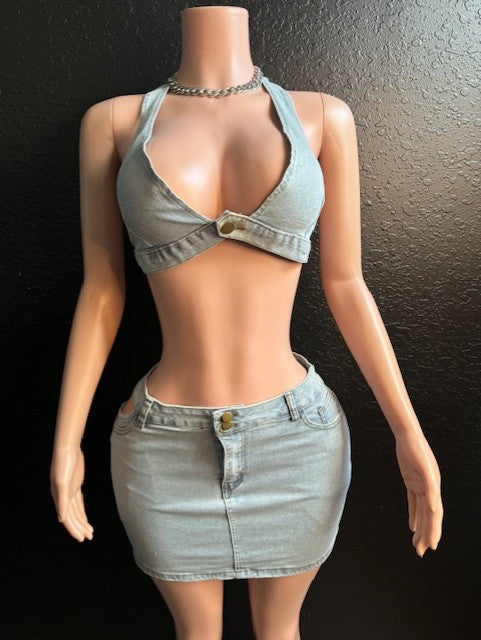 Denim Bra Cut Skirt Set